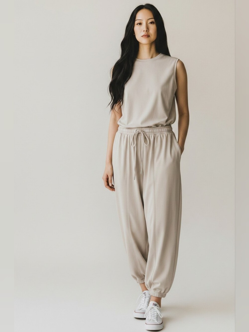 Blu Ivy Sandy Cove Sleeveless Jogger Jumpsuit Cream Ecru Neutral Loungewear M